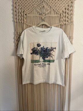 Zara White Tee with Blue Irises Graphic